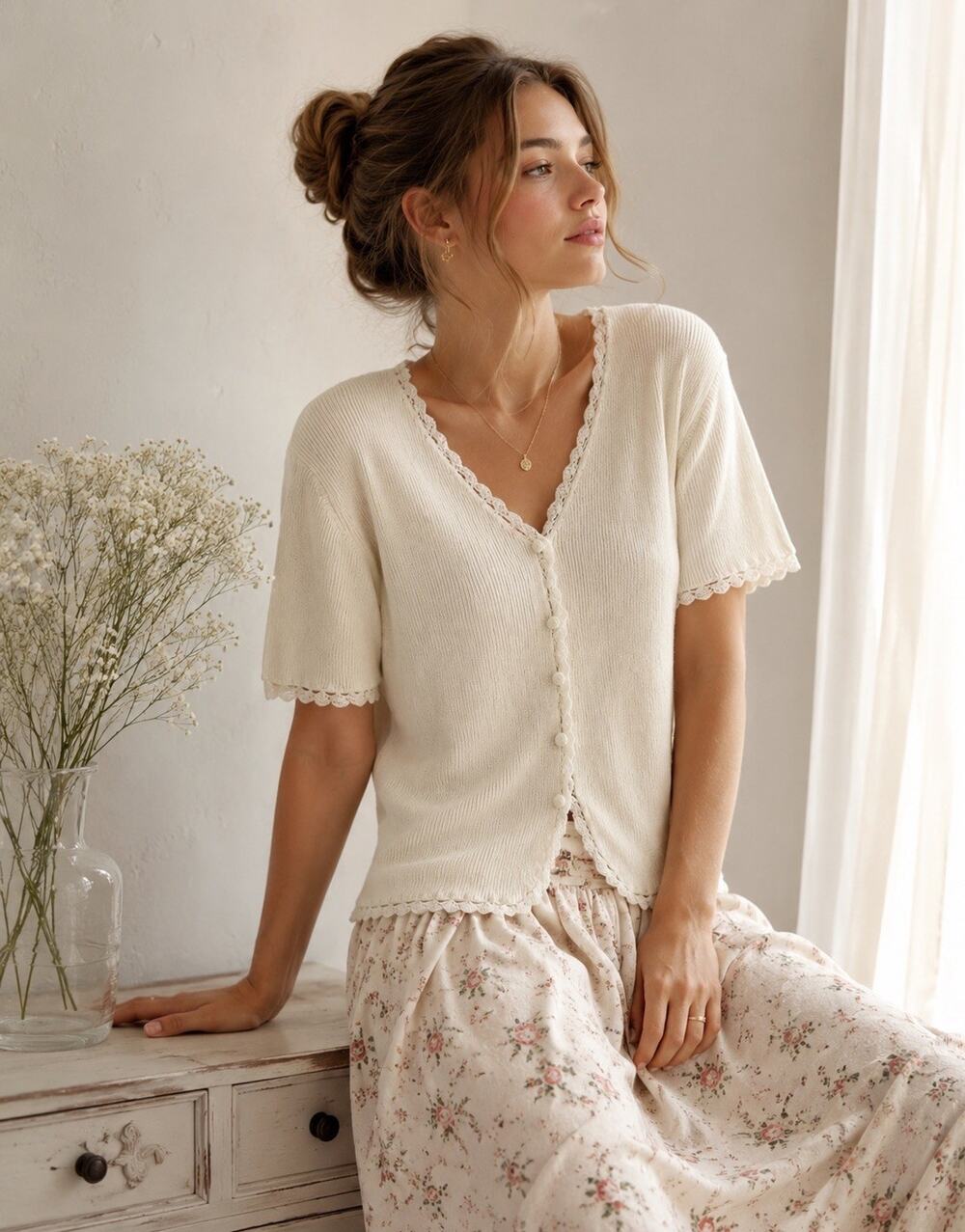 VTG Ramie Cotton Knit Cardigan Ivory Sz Medium Romantic Dainty Ribbed Sweater